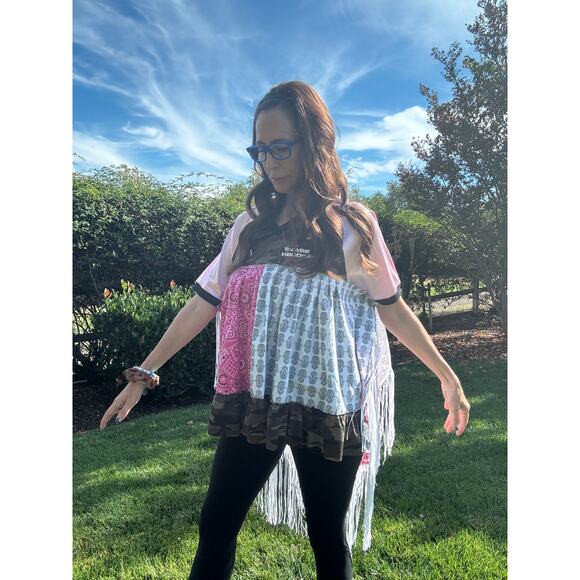 SHUGGIE FIERCE Upcycle USA Camo Boho Vibe Fringed Top Size S-M | QUICK SHIP - Picture 3 of 8